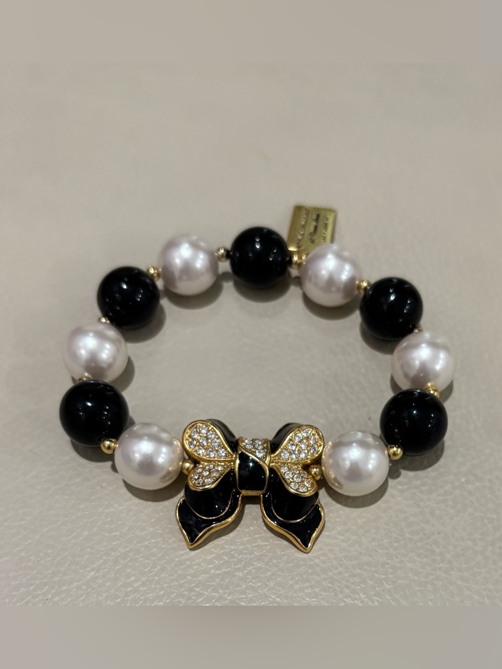 Pearl Bow Bracelet, My Flat in London Black & White Pearl with Gold Bow
